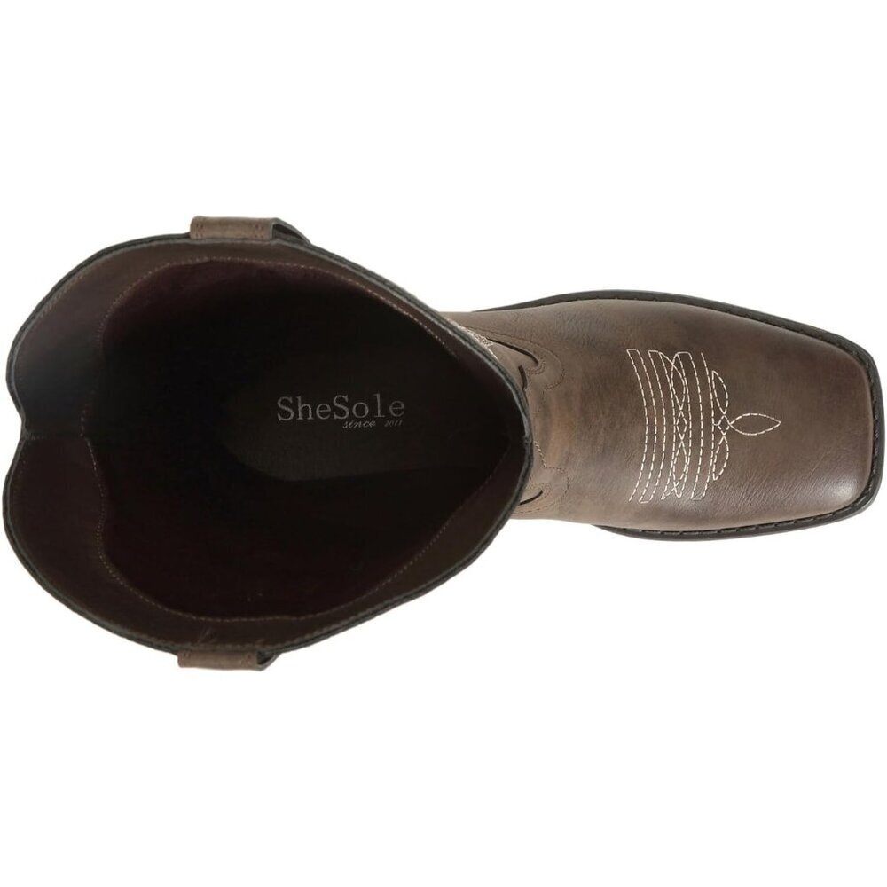 SheSole  Boots Women Dark Brown Faux Leather Square Toe Wide Mid Calf - Picture 3 of 9